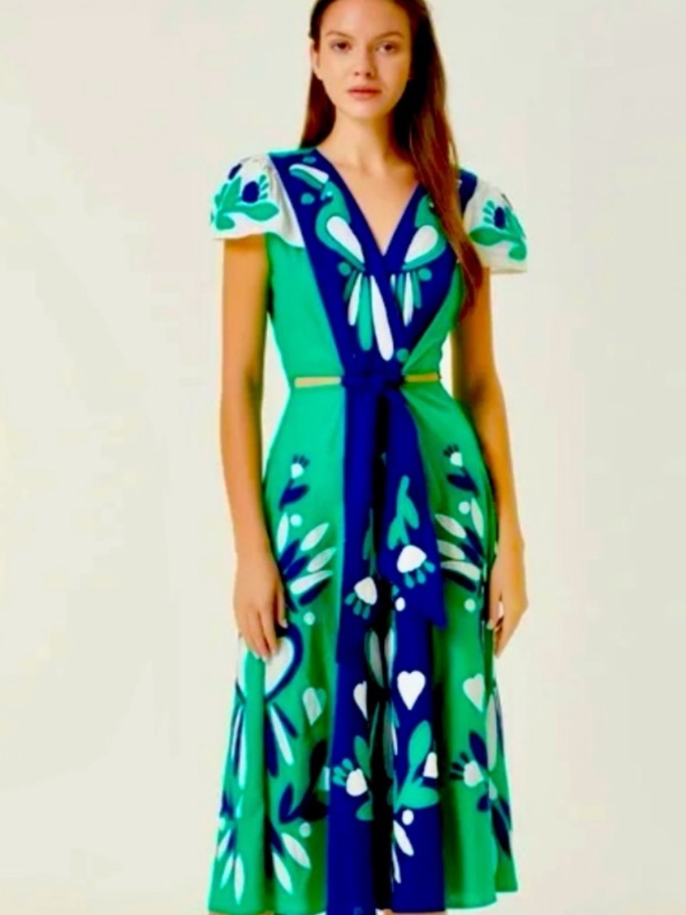 Farm Rio Green & Blue Floral V-Neck Midi Dress size xs